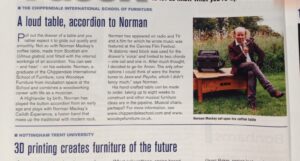 Cutting of a newspaper article, titled 'A loud table, accordion to Norman'